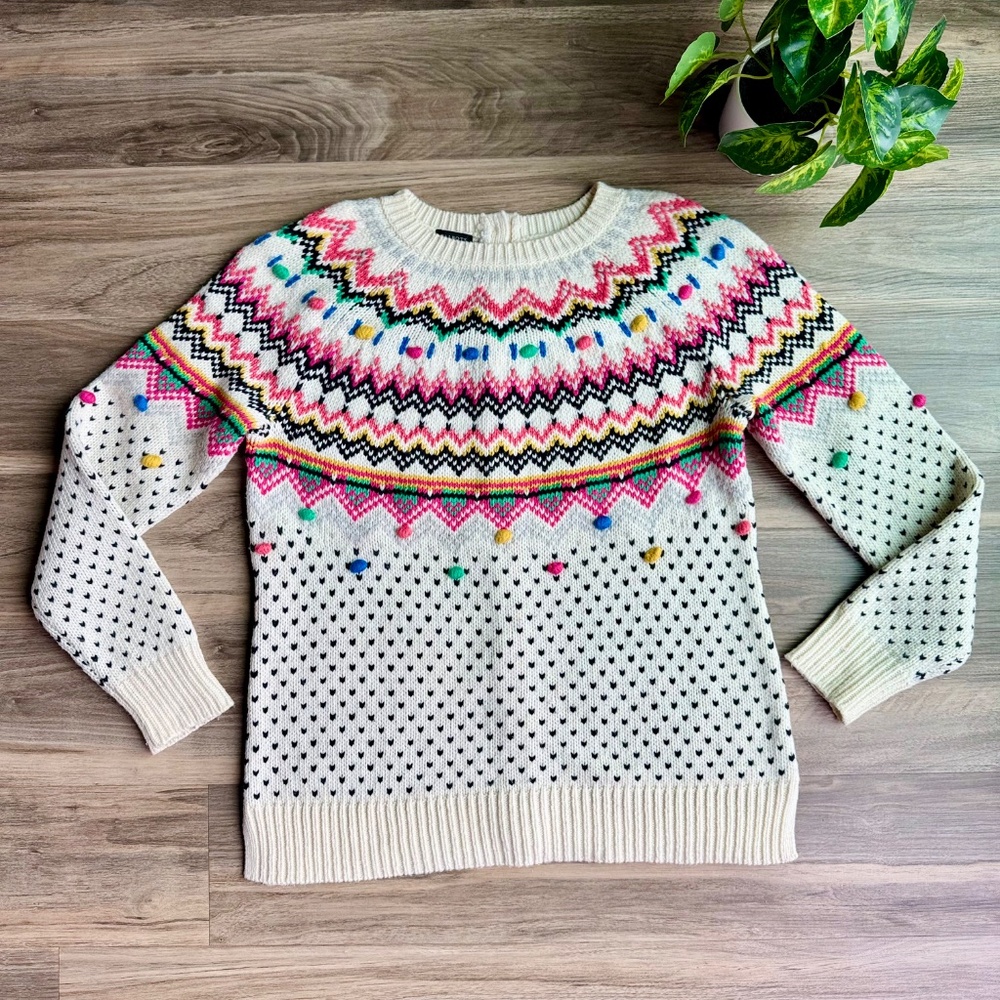 Talbots Multi-Colored Fair Isle Pom Pom Button Back Sweater Women's size M - Picture 11 of 12